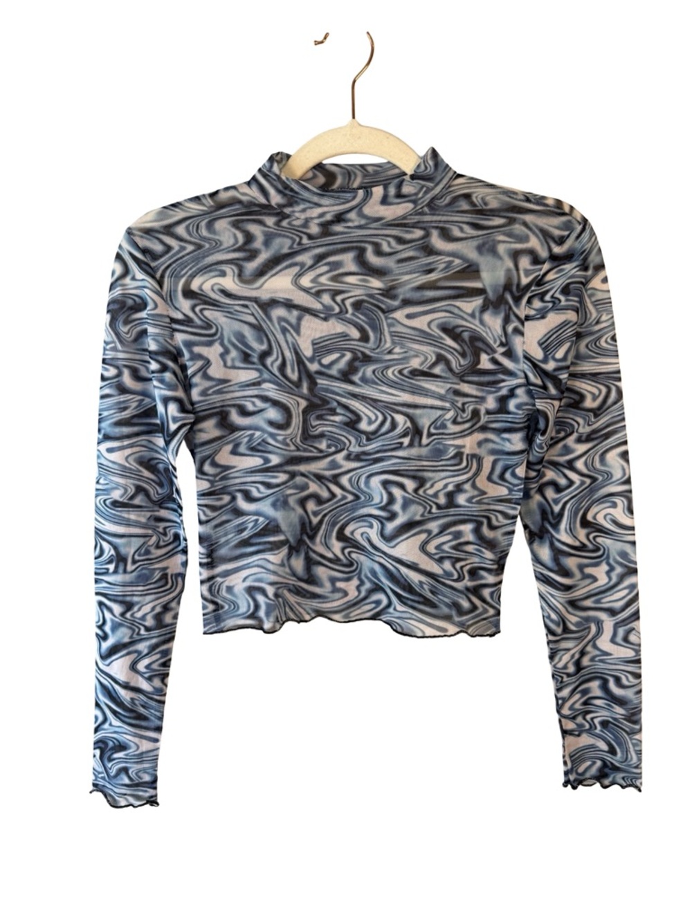 Women’s Blue Marble Mesh Long-Sleeve Crop Top Sheer Size XS or S Y2K Festival